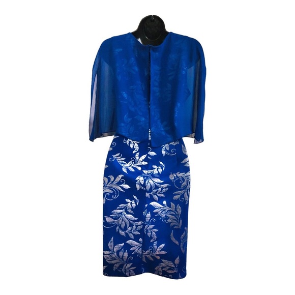 EnFocus studio blue sheer veil cape silver foil print sheath dress size 8P new - Picture 7 of 16